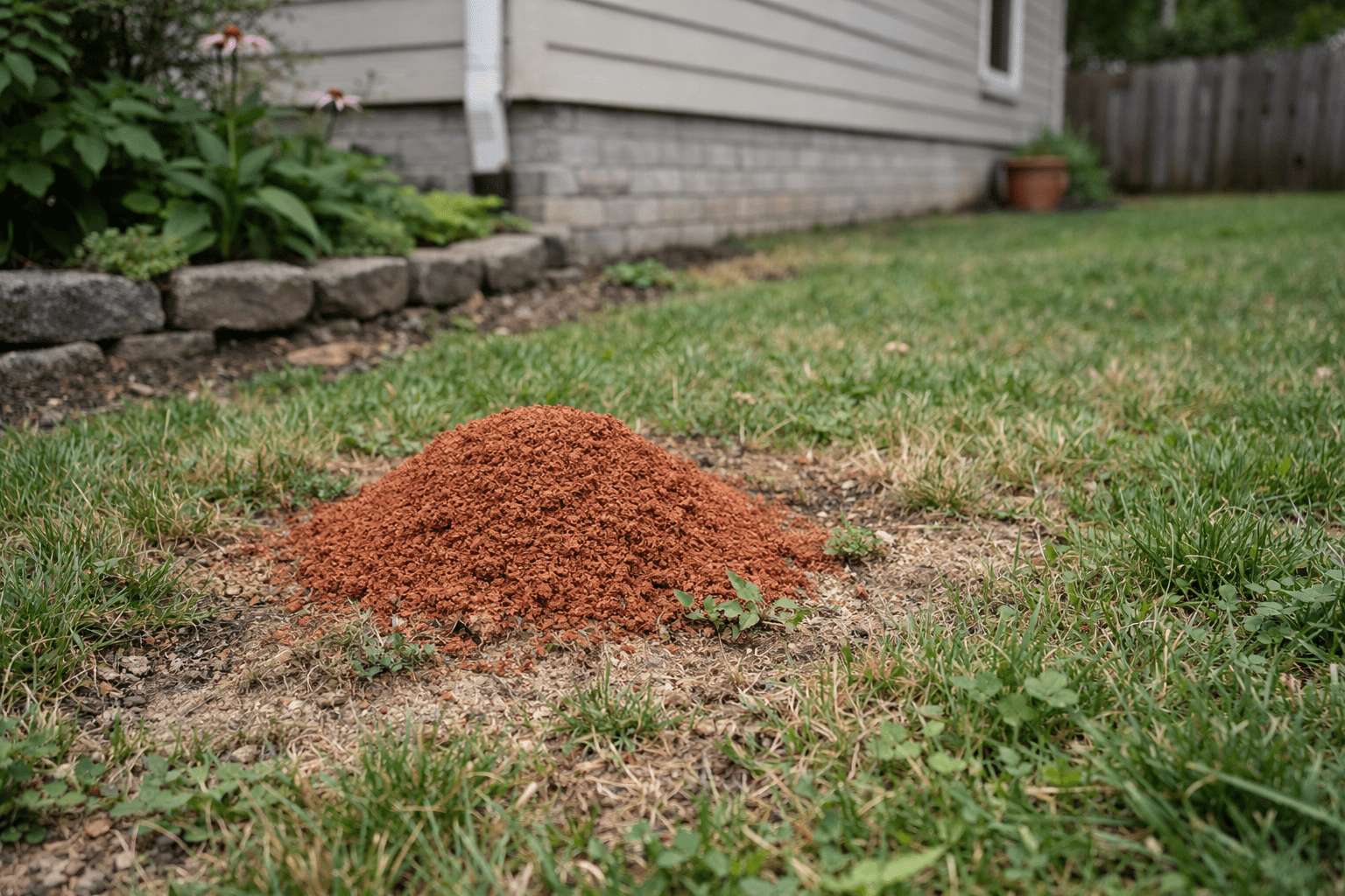 Fire ant mound treatment visible in residential yard with lawn damage and garden context