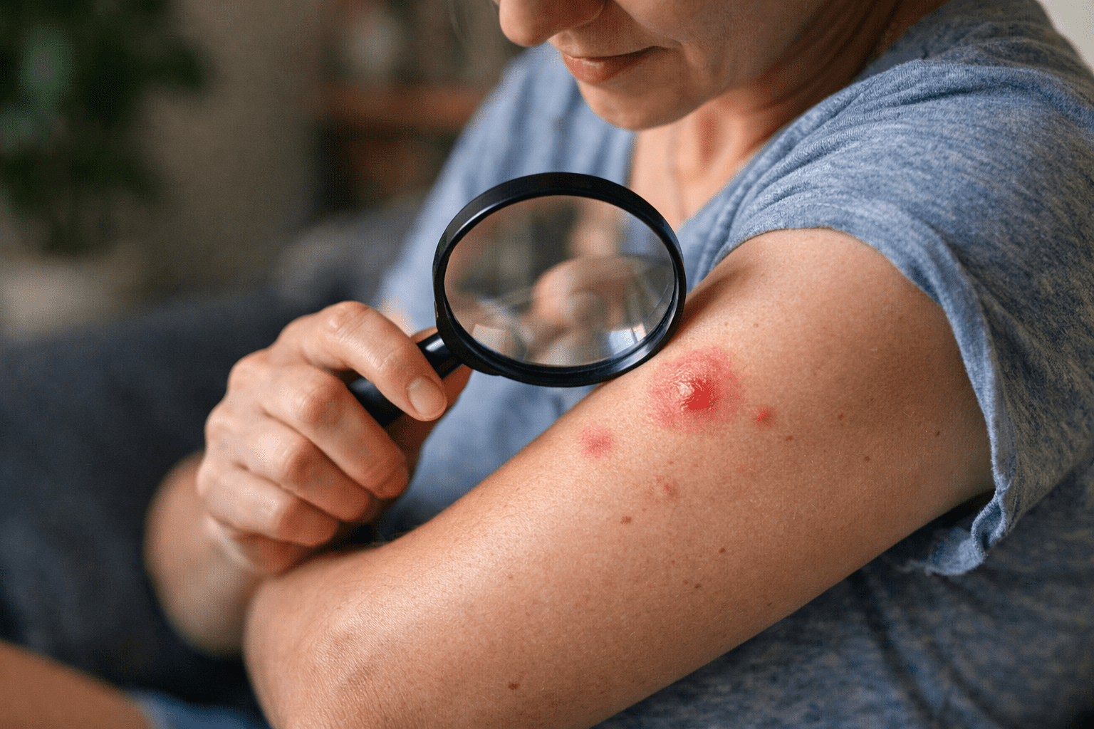 Person applying mosquito bite relief product to arm in home setting with natural lighting