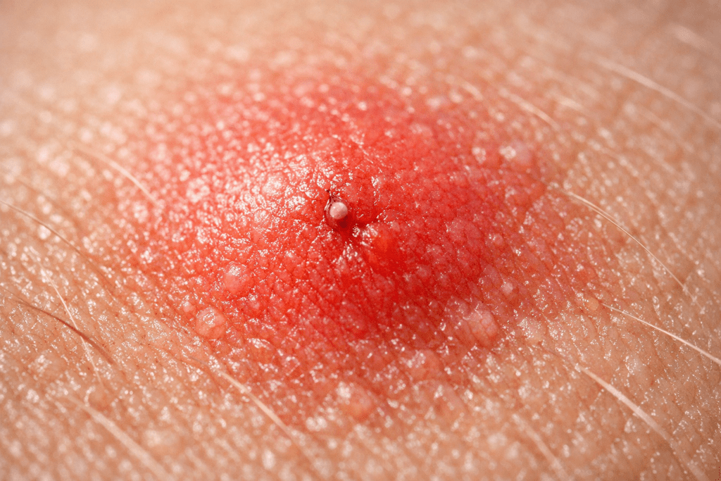 Detailed macro photograph of inflamed mosquito bite on skin showing redness and swelling texture
