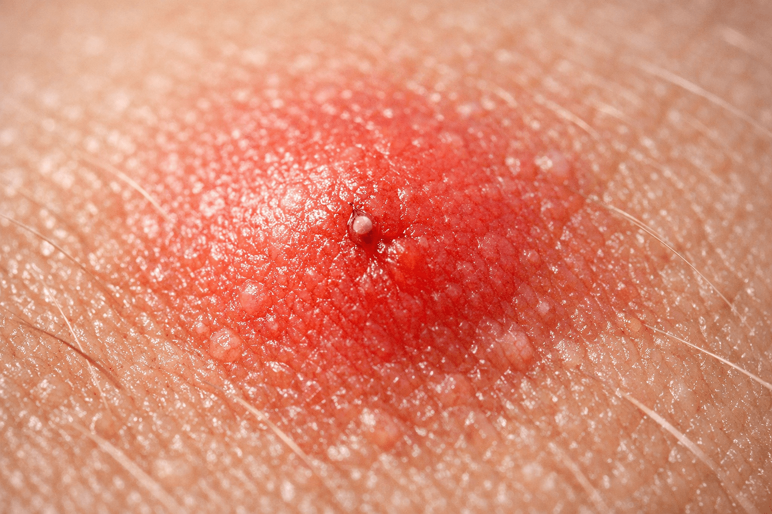 Detailed macro photograph of inflamed mosquito bite on skin showing redness and swelling texture