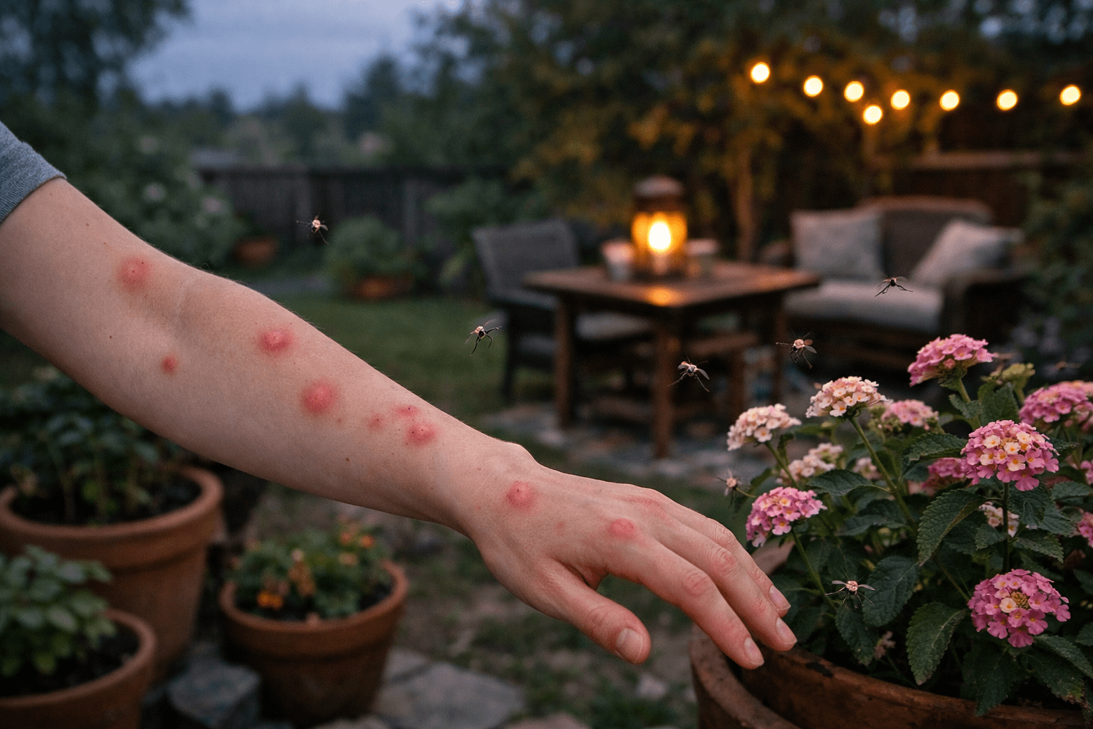Garden scene with visible mosquito bites on person's arm near plants and outdoor furniture