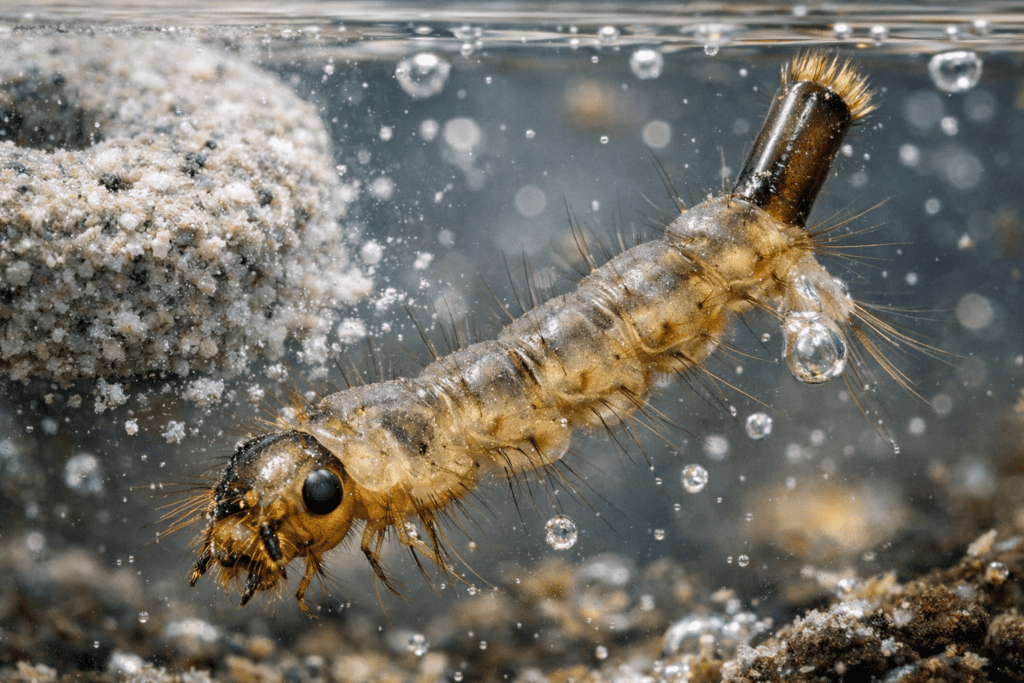 Mosquito larvae in standing water with Mosquito Dunk tablet visible, macro photography