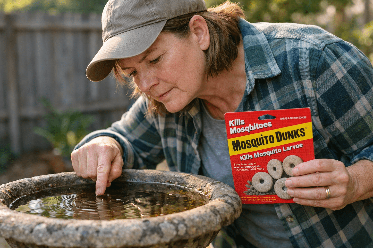 Person inspecting standing water and applying Mosquito Dunk larvicide treatment