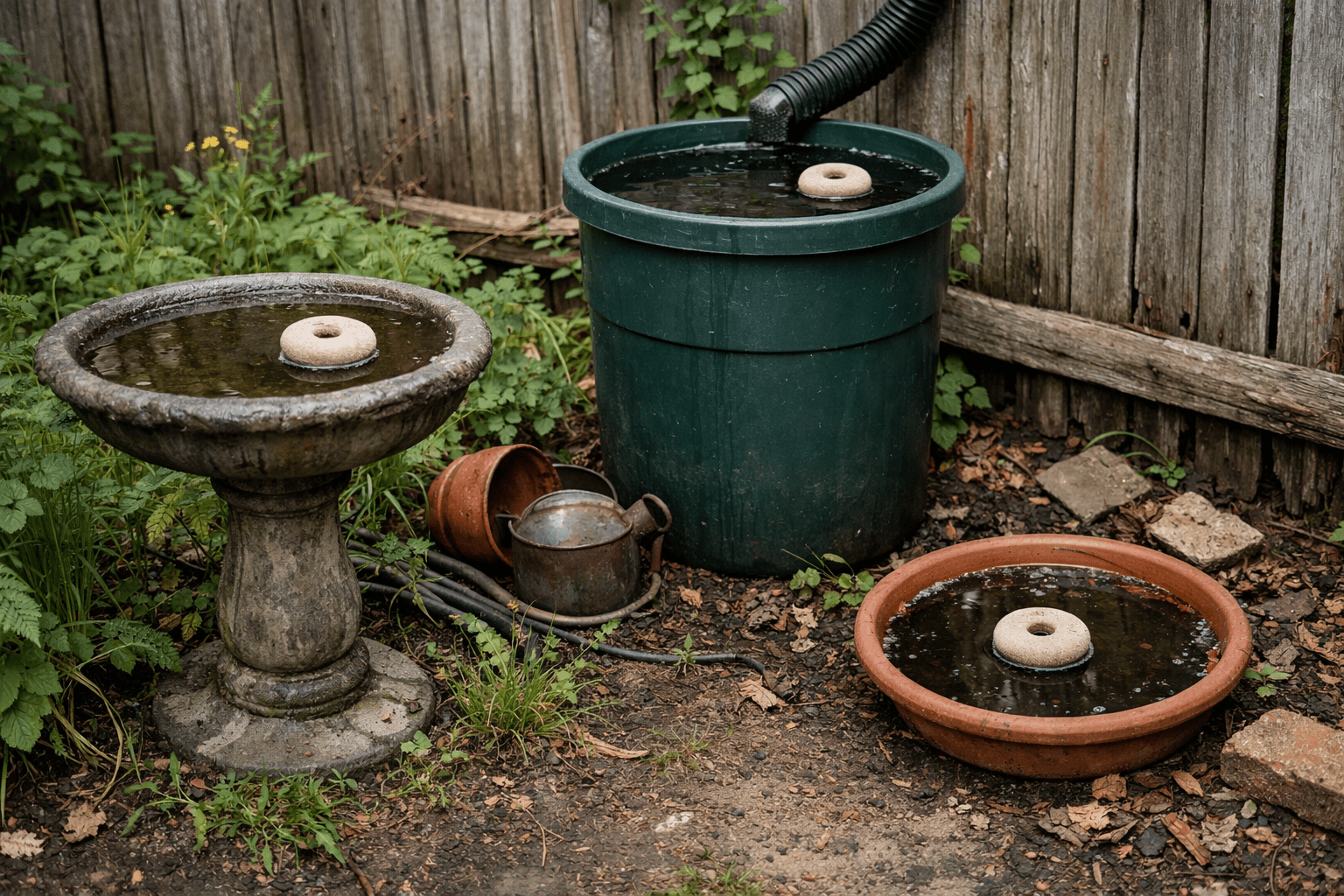 Standing water in birdbath and rain barrel with Mosquito Dunk treatment in backyard