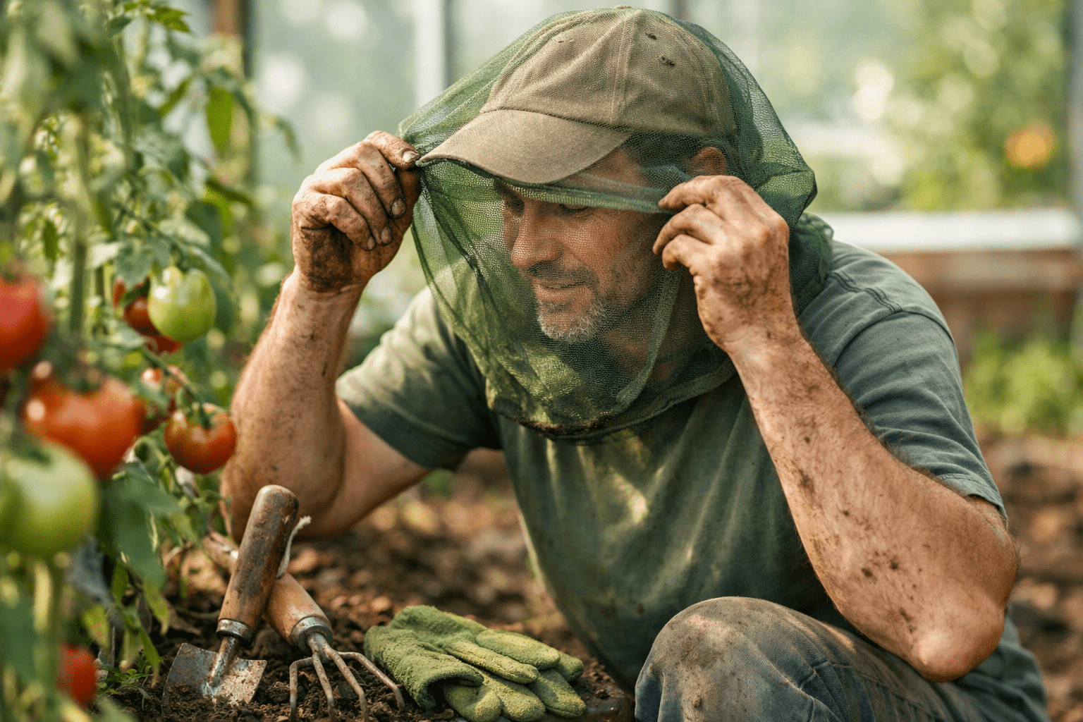 Gardener adjusting mosquito head net while inspecting plants in vegetable garden