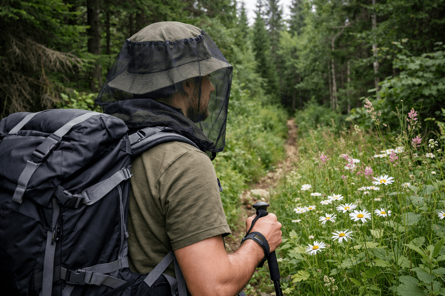 Hiker wearing mosquito head net on forest trail for bug protection while hiking