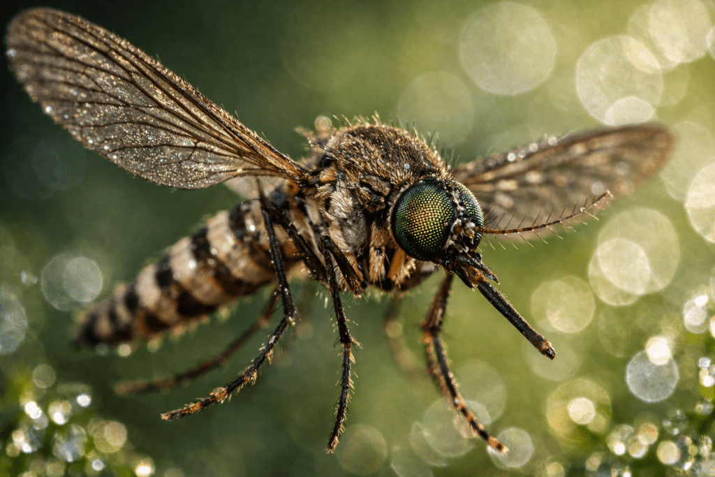 Detailed macro photograph of mosquito showing wings, eyes, and proboscis with natural bokeh background