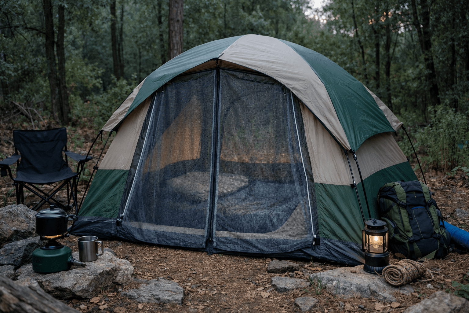 Camping tent with mosquito net installed in forest setting