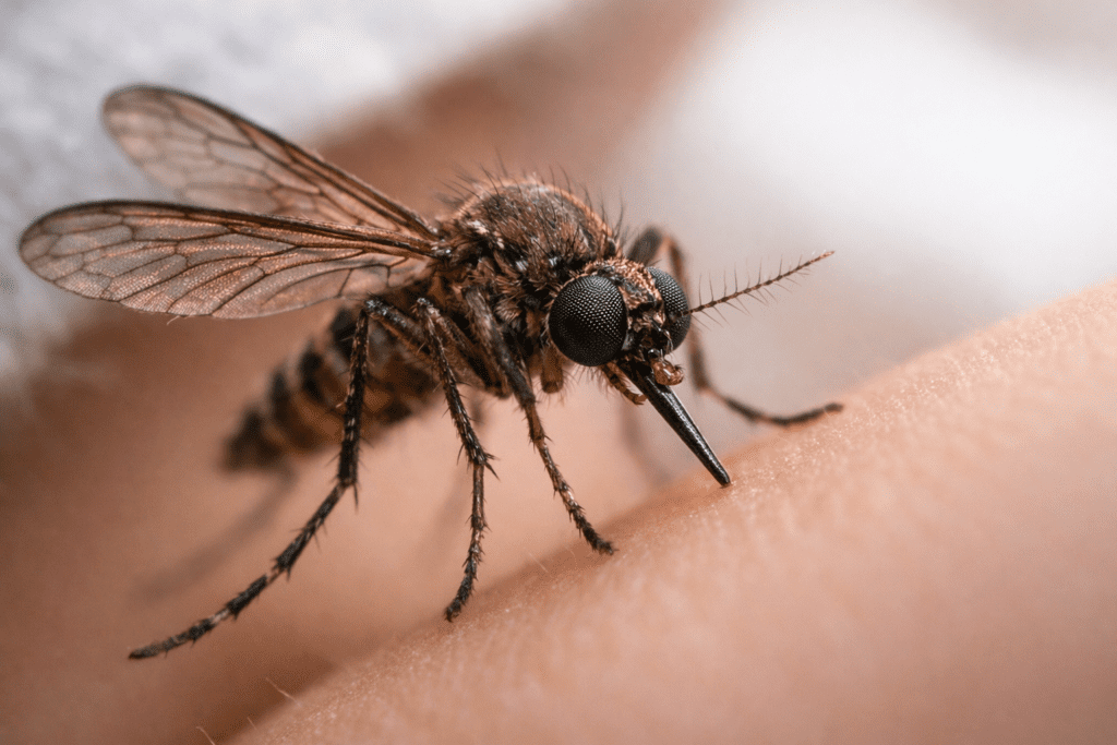 Detailed macro photograph of mosquito near baby's skin showing insect anatomy and bite threat