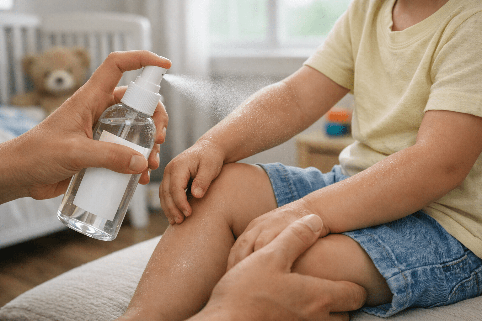 Parent applying safe mosquito repellent spray to child's arm in home setting with protective technique