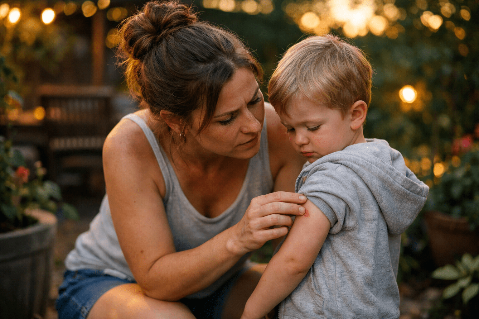 Mother inspecting child's skin for mosquito bites during outdoor playtime in backyard garden