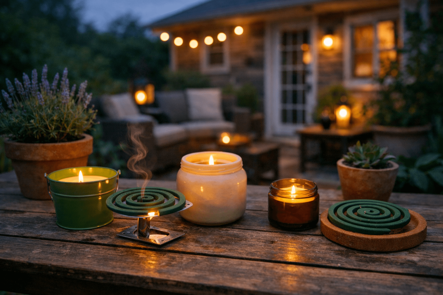 Outdoor patio with mosquito repellent candles and coils arranged on table for insect control