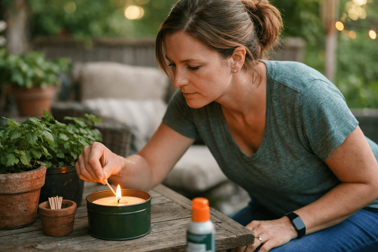 Woman lighting mosquito repellent candle on patio for outdoor insect protection