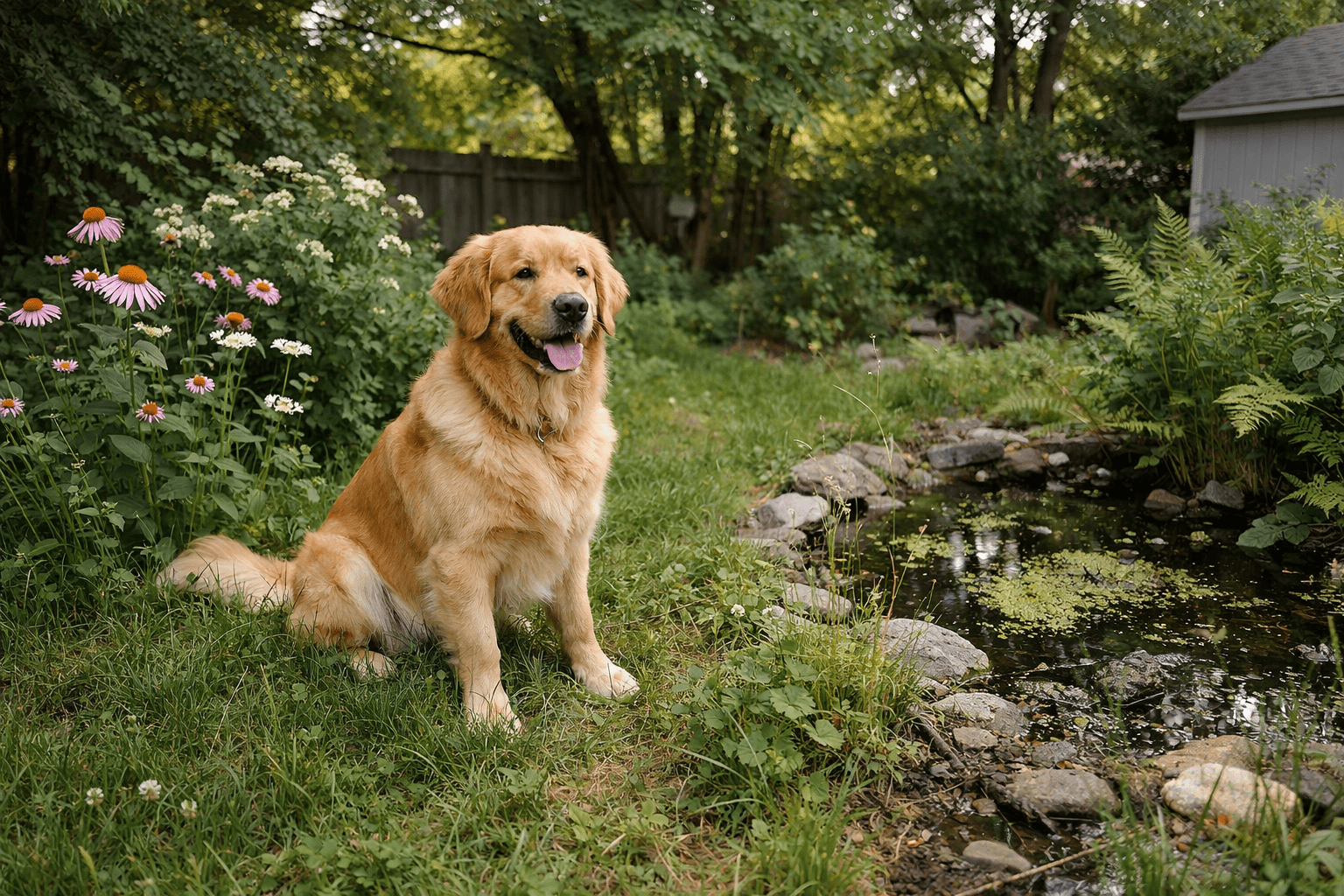 Dog in backyard garden with vegetation and shaded areas where mosquitoes thrive