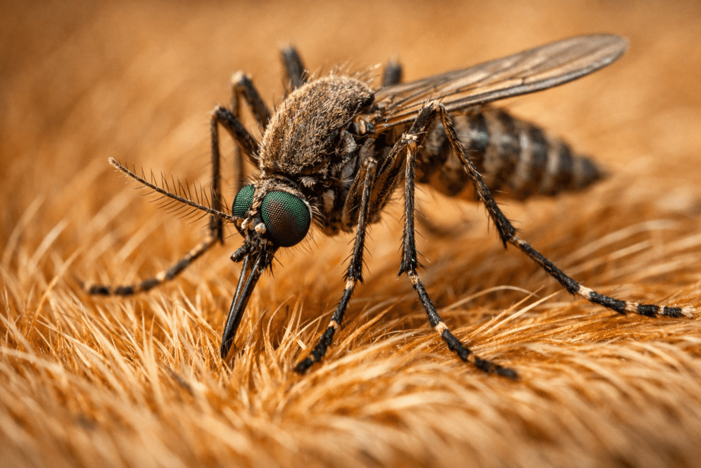 Mosquito on dog fur showing detailed proboscis and compound eyes in macro photography