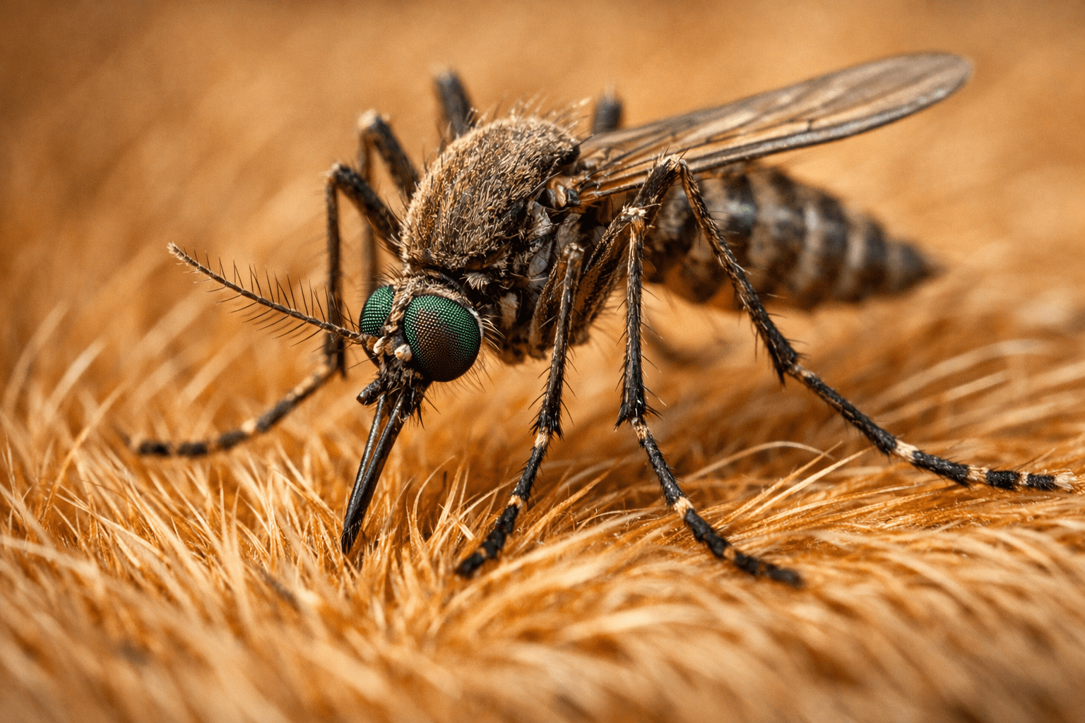 Mosquito on dog fur showing detailed proboscis and compound eyes in macro photography