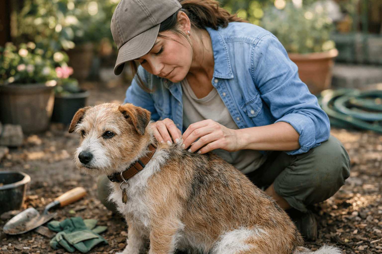Pet owner inspecting dog's fur for mosquito bites and pest protection in backyard