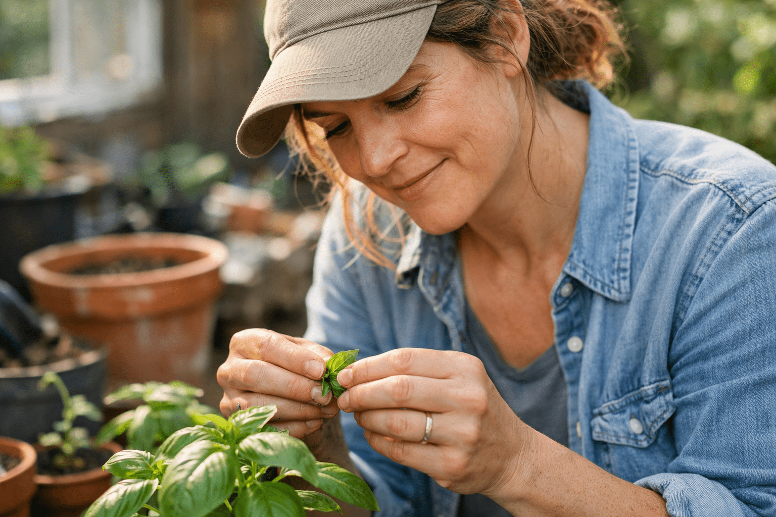 Woman crushing basil leaves in garden for natural mosquito repellent preparation