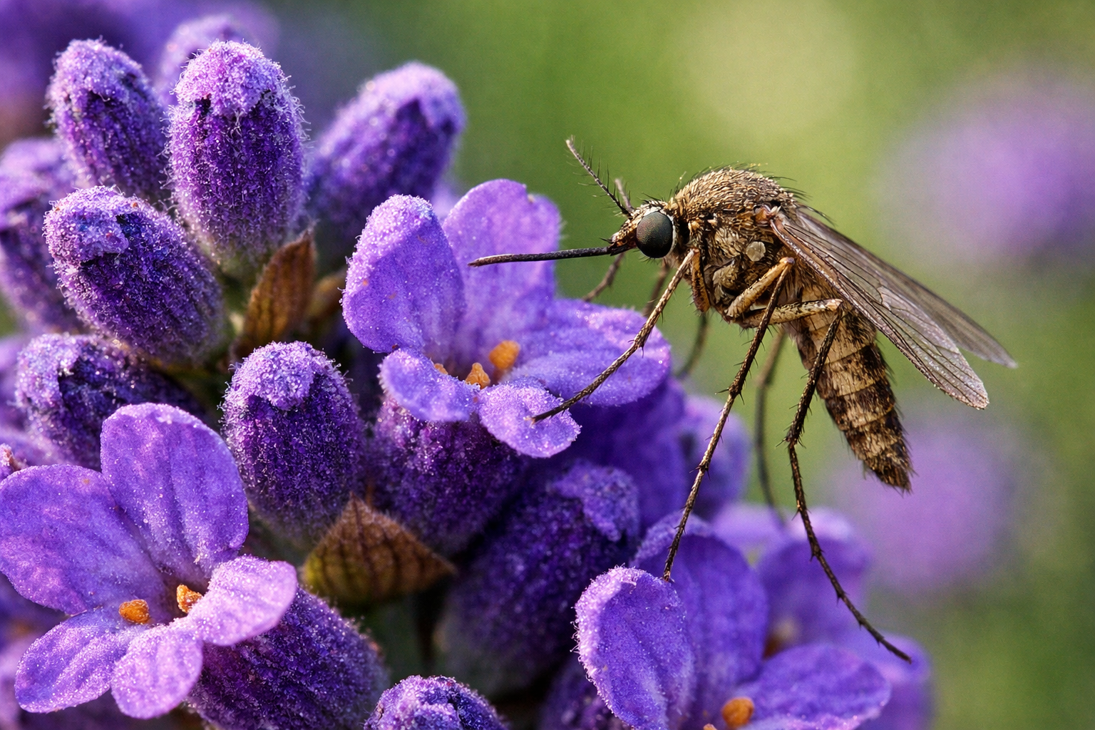 Macro photography of mosquito on lavender flowers for natural mosquito repellent garden