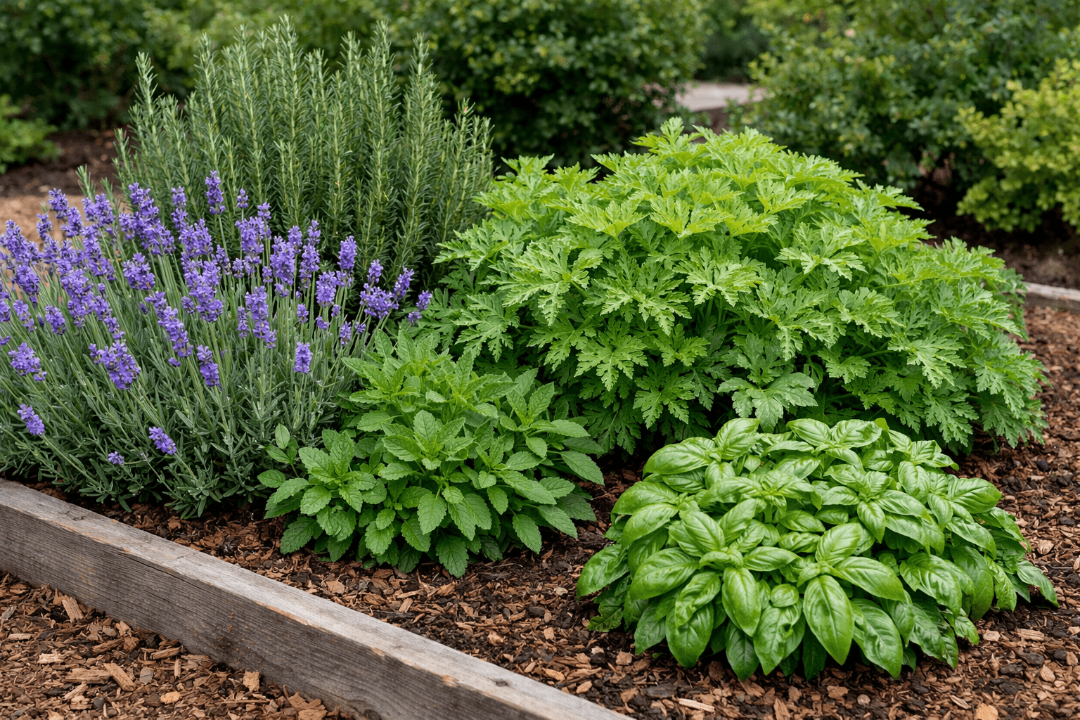 Mosquito repellent plants growing in garden bed with lavender and herbs for natural pest control