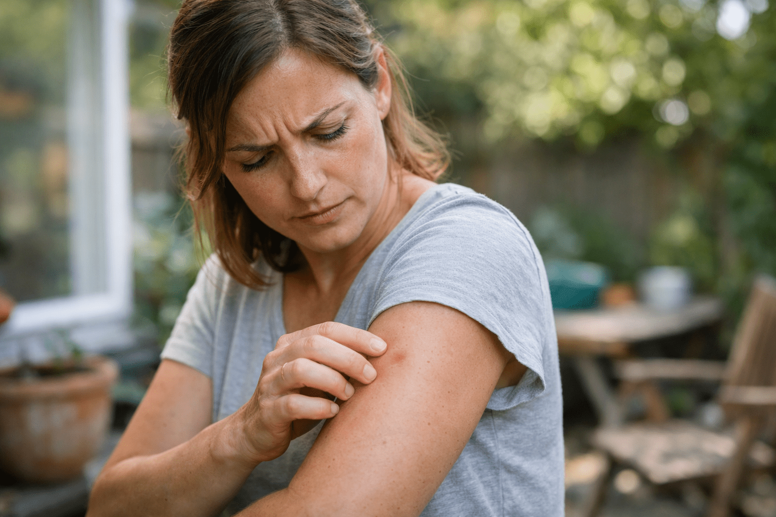 Woman examining arm for mosquito bites in backyard during outdoor activity
