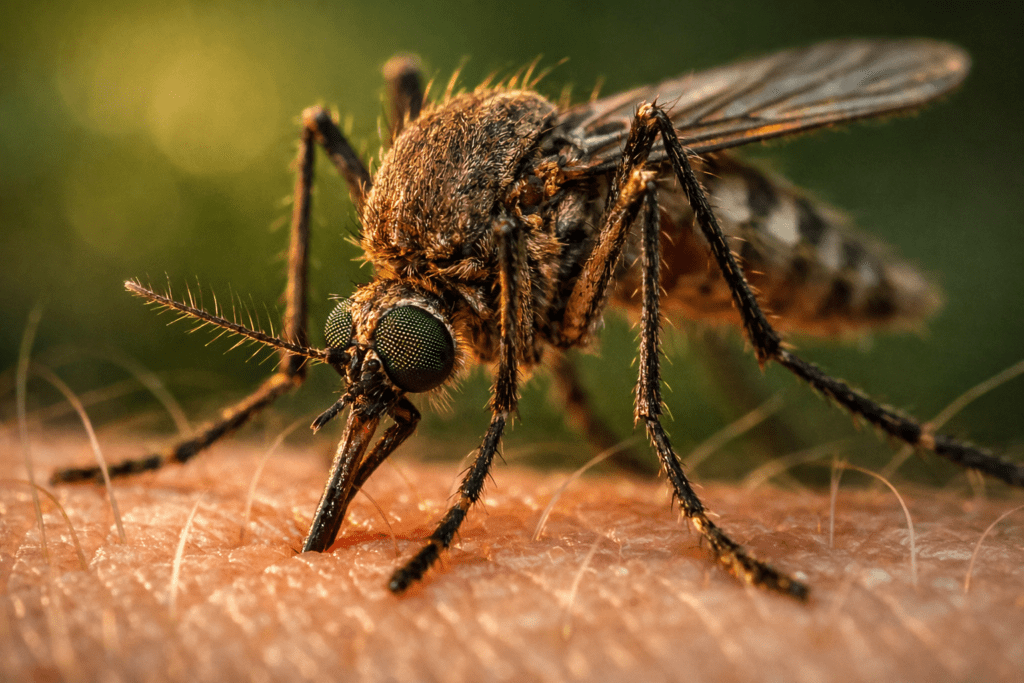 Detailed macro photograph of mosquito on skin showing proboscis and compound eyes