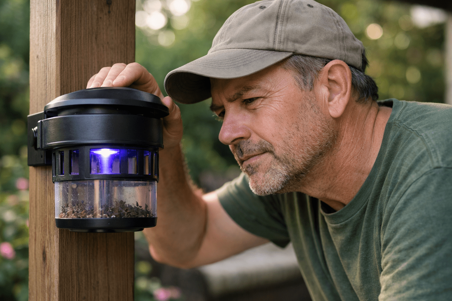 Homeowner inspecting mosquito trap on patio post for yard pest control maintenance