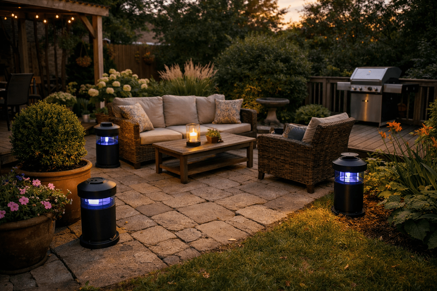 Backyard patio setup showing mosquito trap placement among plants and seating for yard mosquito control