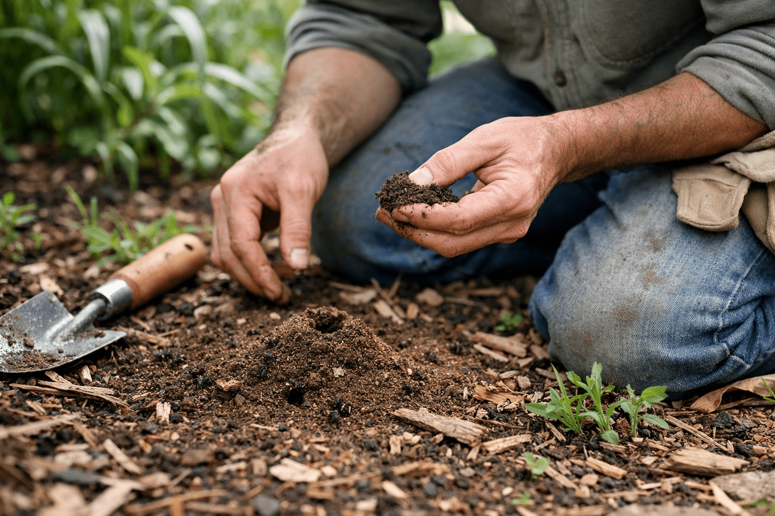 Gardener inspecting soil and ant activity for outdoor pest control assessment