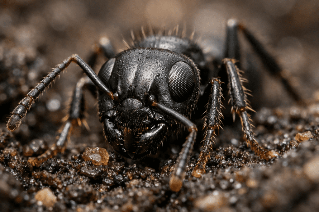 Detailed macro photography of garden ant on soil for outdoor ant control guide