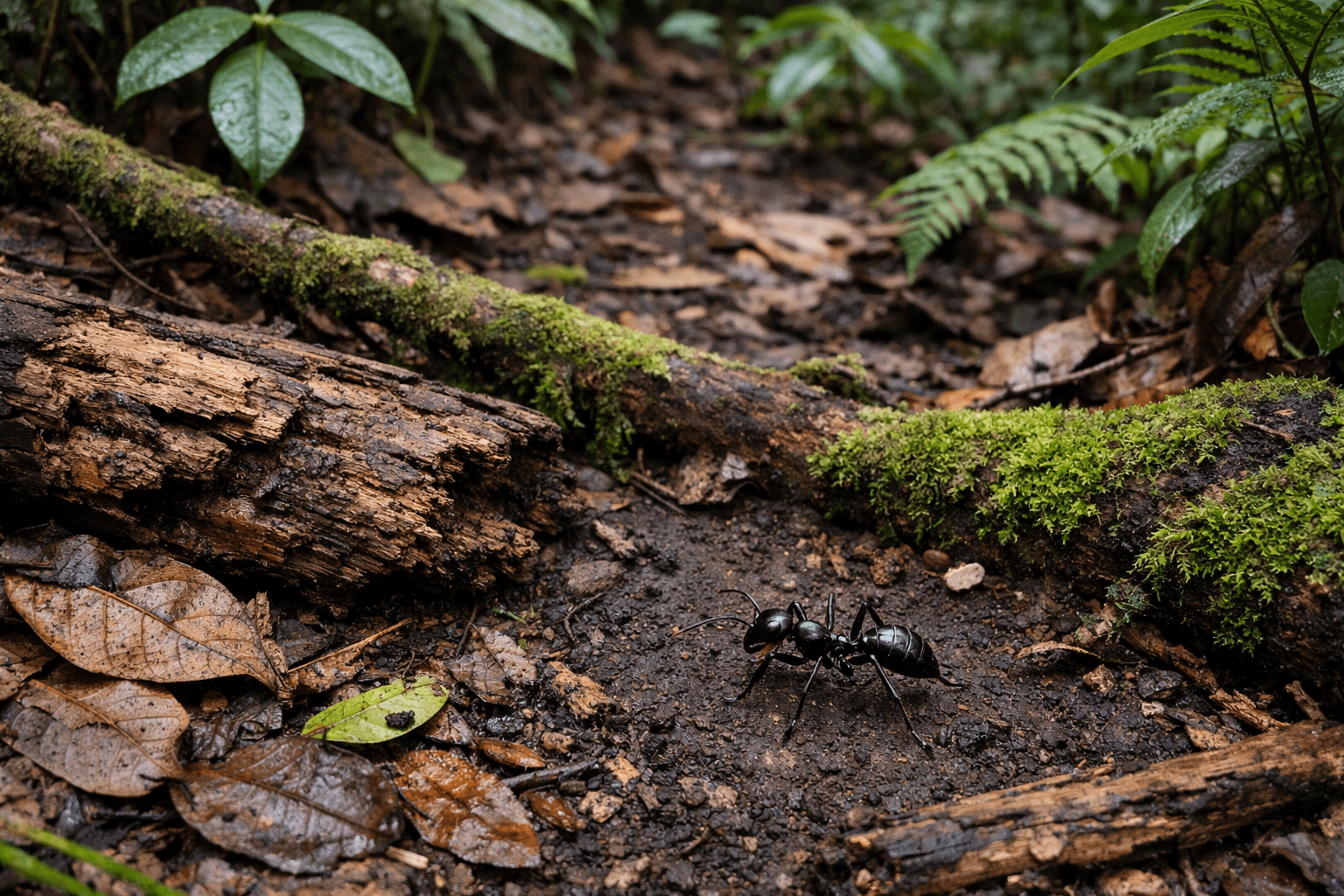 Bullet ant walking on rainforest floor with moss and leaf litter in natural habitat
