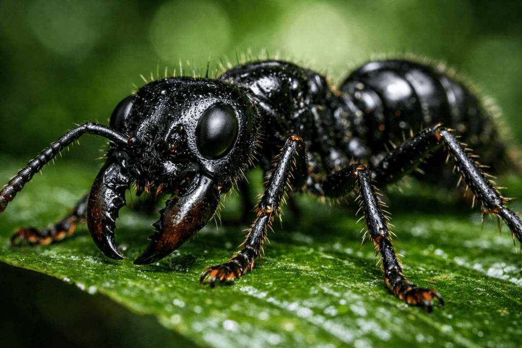 Bullet ant close-up showing detailed black body and mandibles on green leaf in rainforest light