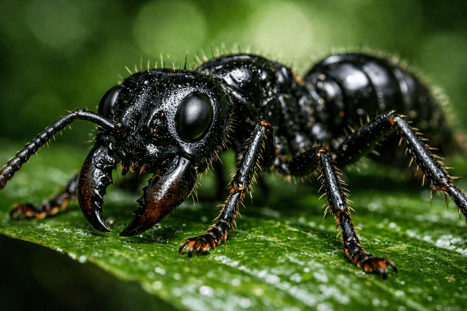 Bullet ant close-up showing detailed black body and mandibles on green leaf in rainforest light