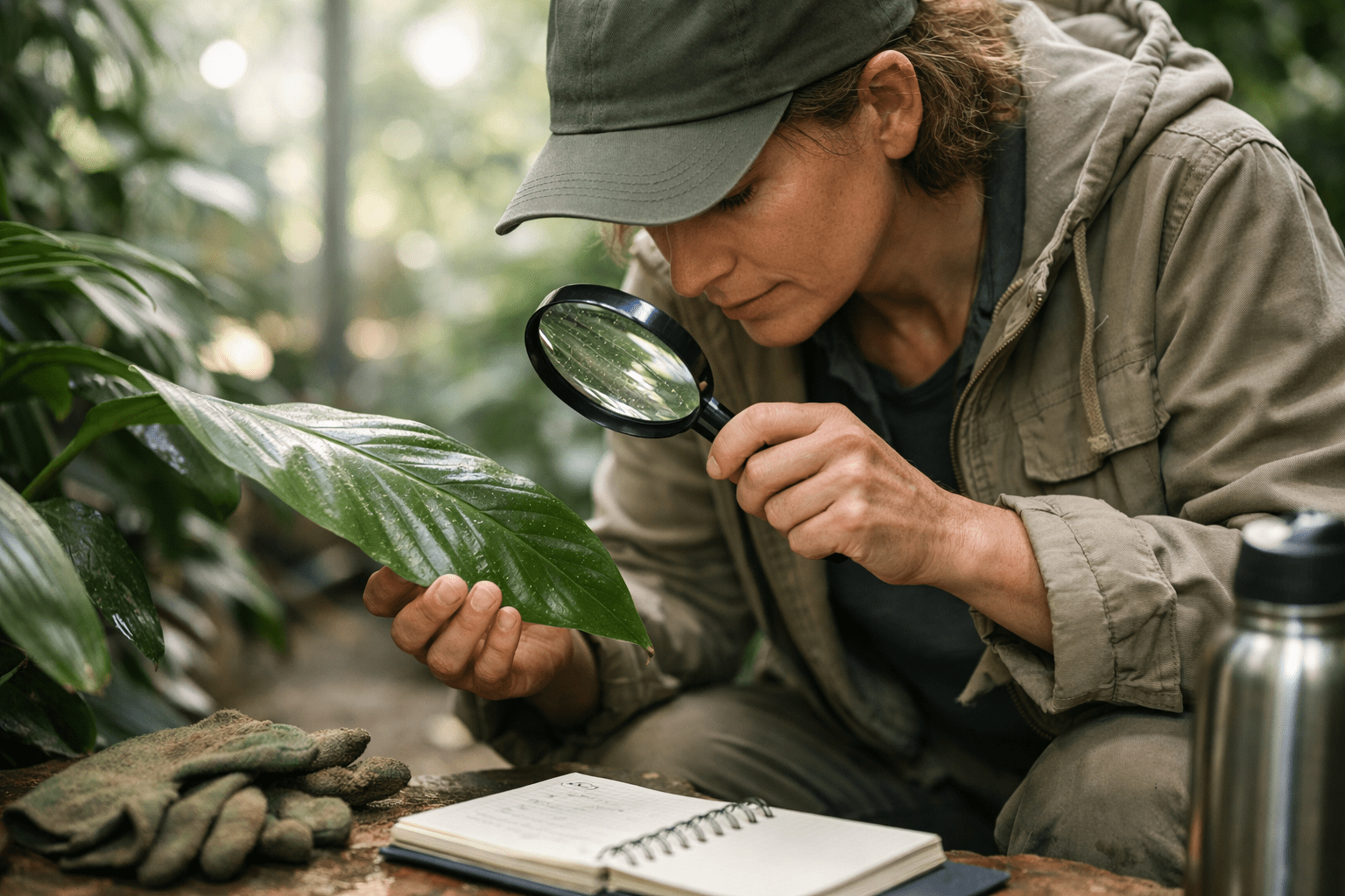 Person examining tropical plant leaf with magnifying glass in garden, studying insects carefully