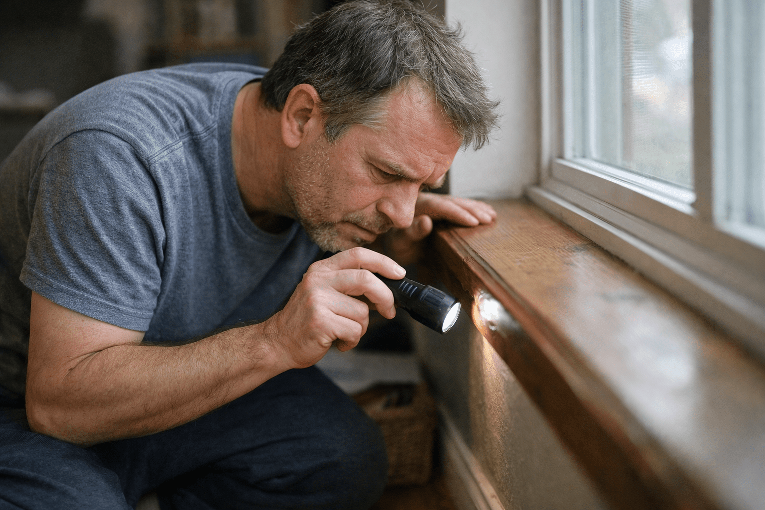 How to kill carpenter ants: homeowner inspecting wood surfaces for carpenter ant treatment signs