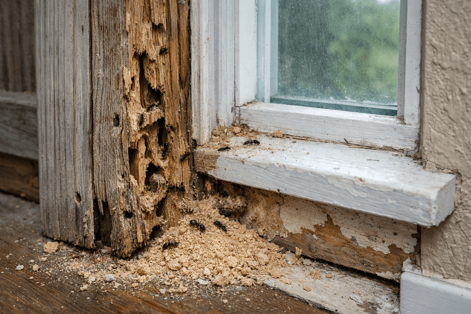 Carpenter ant baits context: wood damage and galleries visible on home exterior trim
