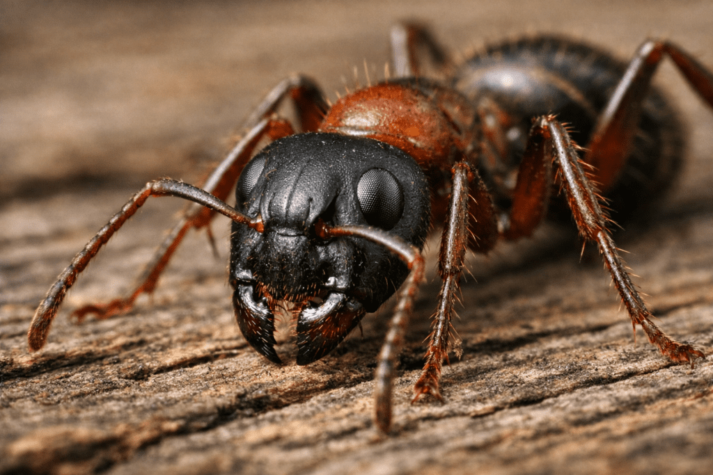 Carpenter ant treatment focus: detailed macro of carpenter ant on wood with compound eyes visible