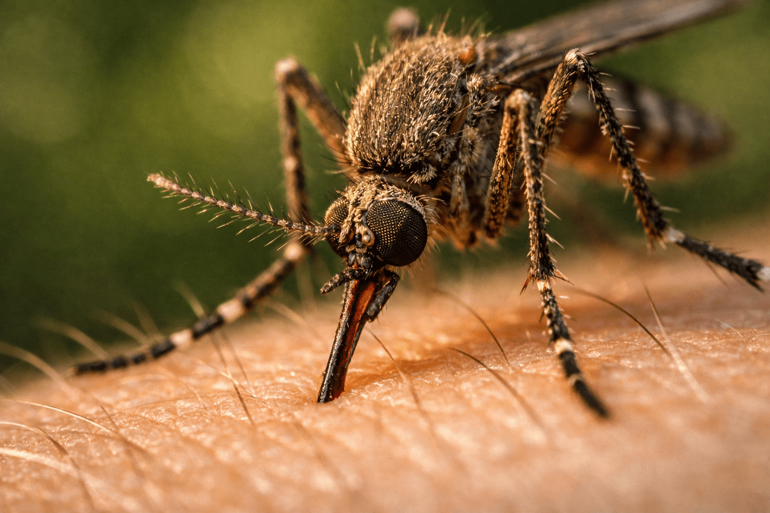 Macro photograph of mosquito on skin showing proboscis detail and compound eyes