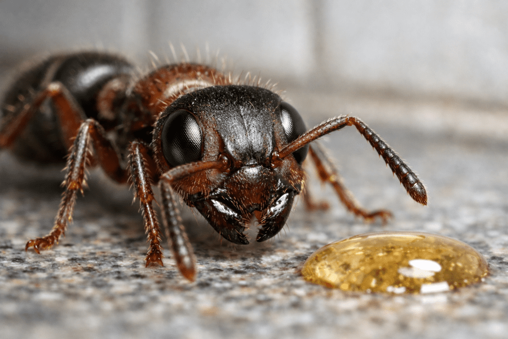 Macro photo of ant on kitchen counter exploring borax ant bait trap