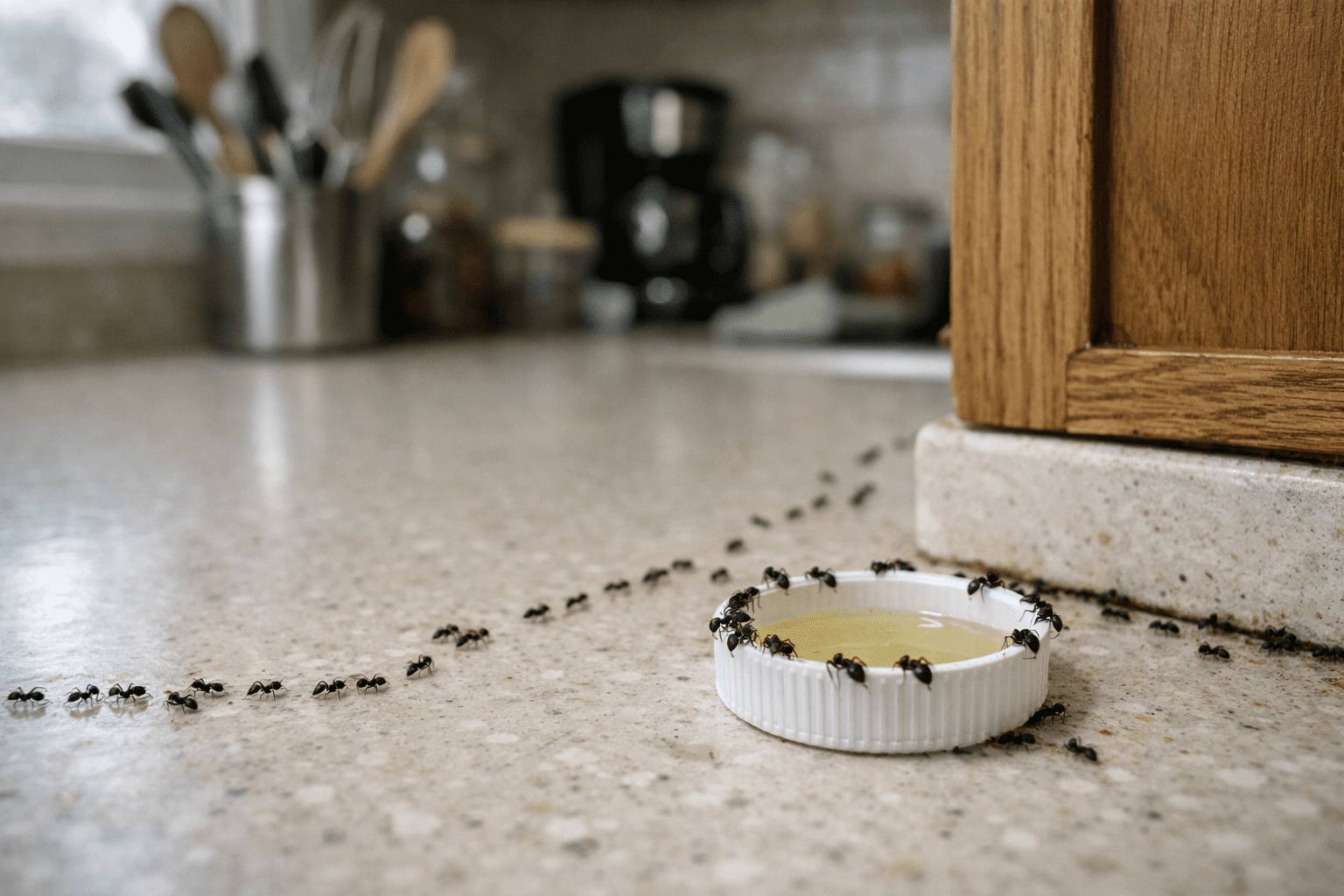 Kitchen counter with ant trail approaching homemade borax bait trap station