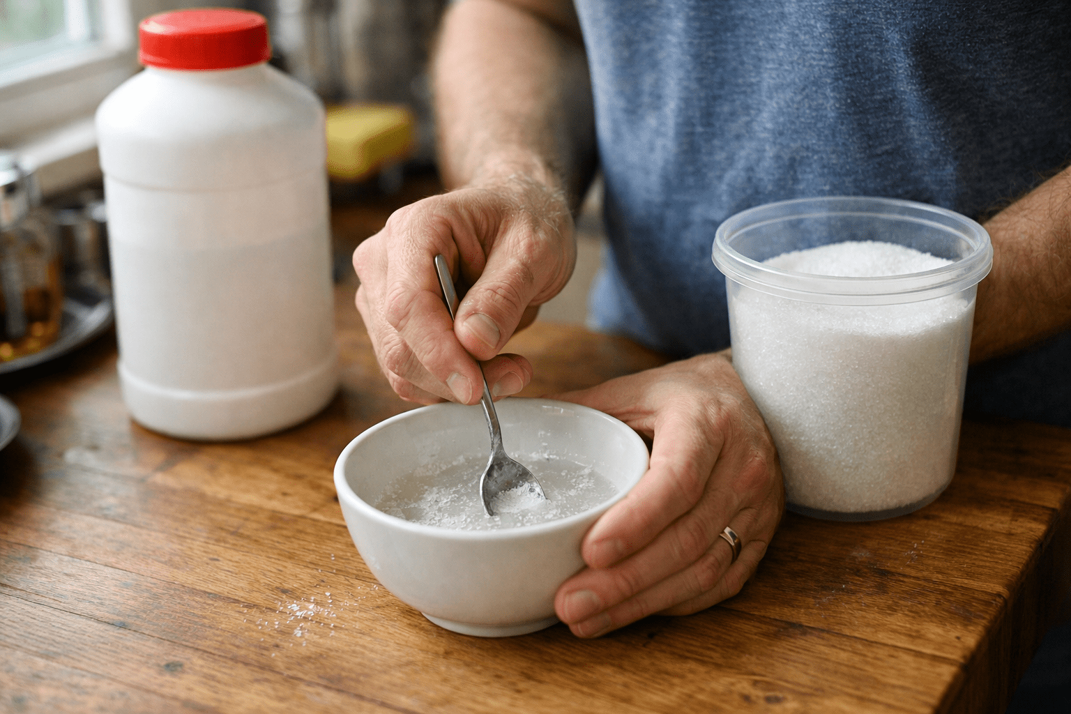 Person mixing homemade borax ant bait recipe in kitchen bowl