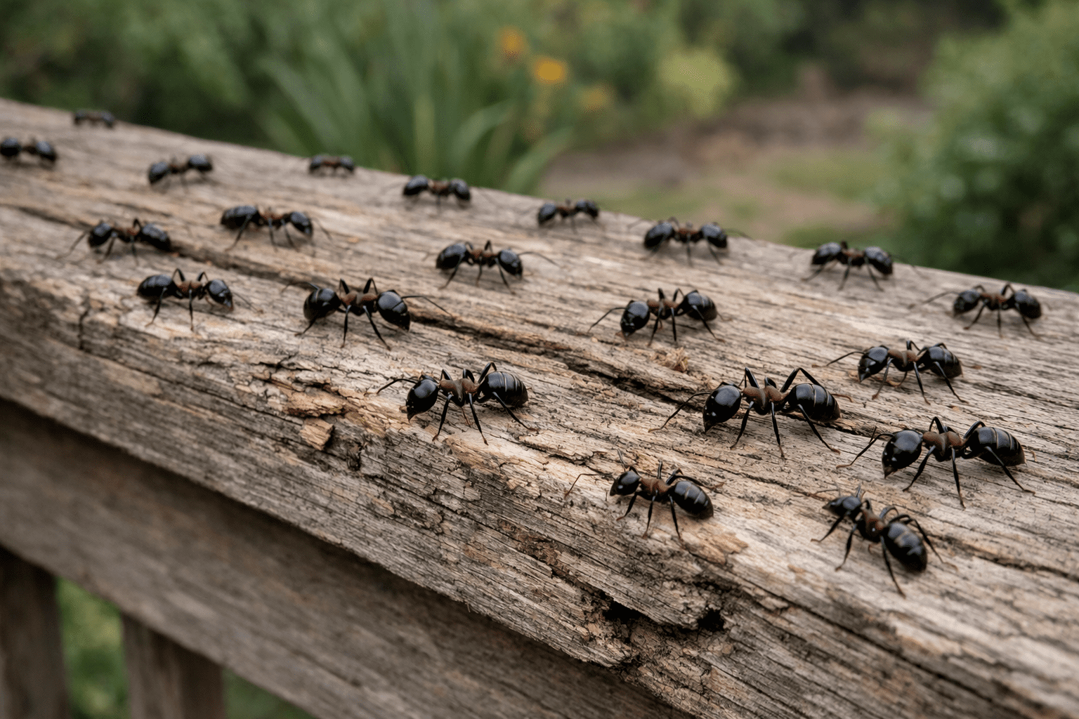 Carpenter ants on wooden deck showing where dangerous ant species nest and cause damage