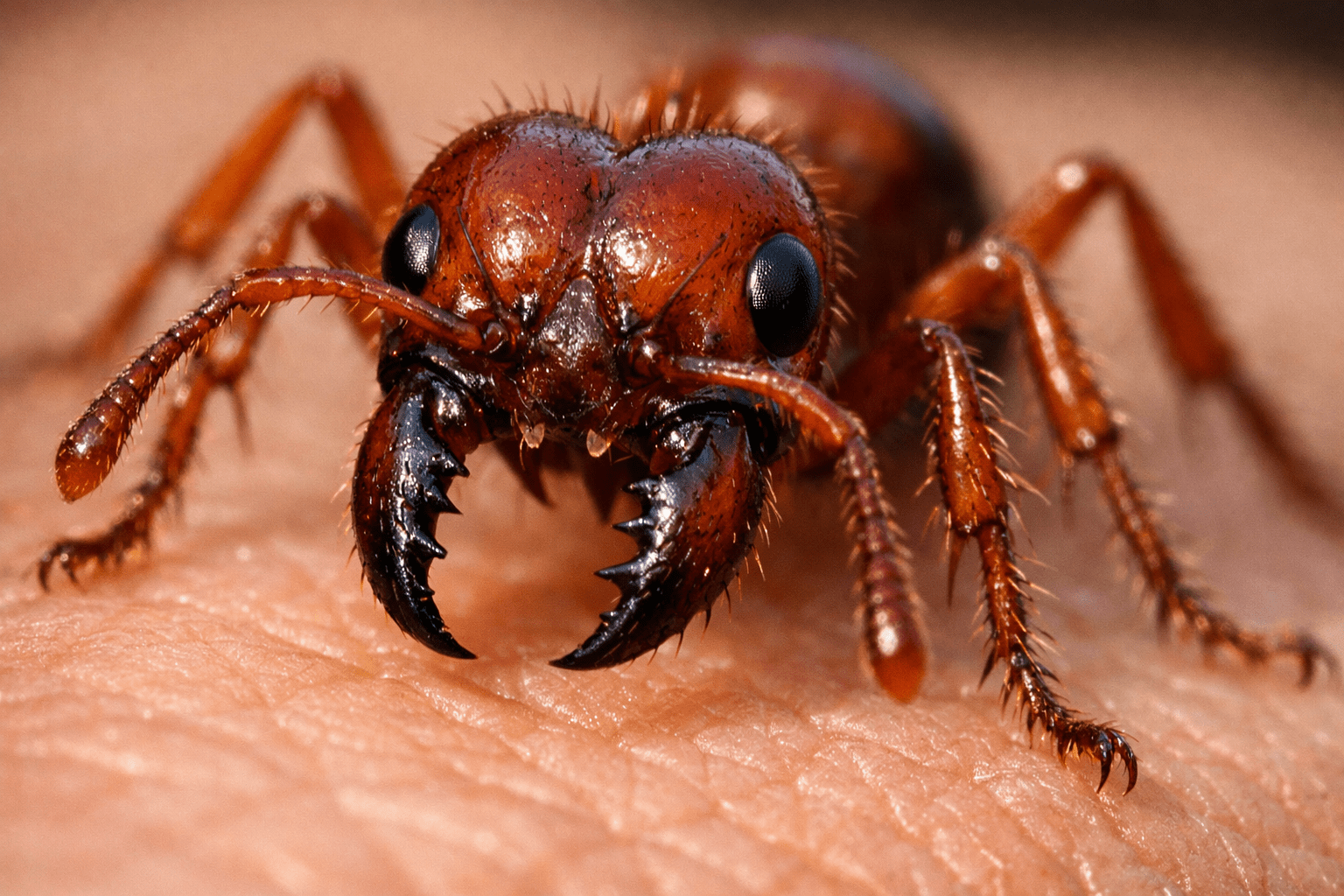 Macro close-up of fire ant on skin showing dangerous ant bites and mandible detail