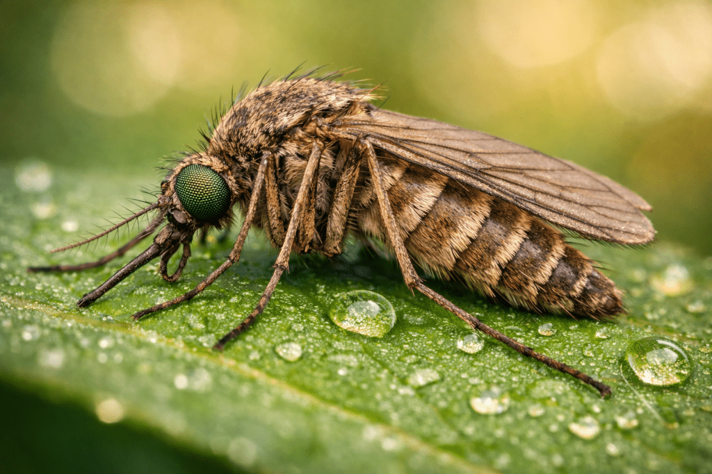 Mosquito in resting sleep position on green leaf showing detailed body structure and relaxed posture