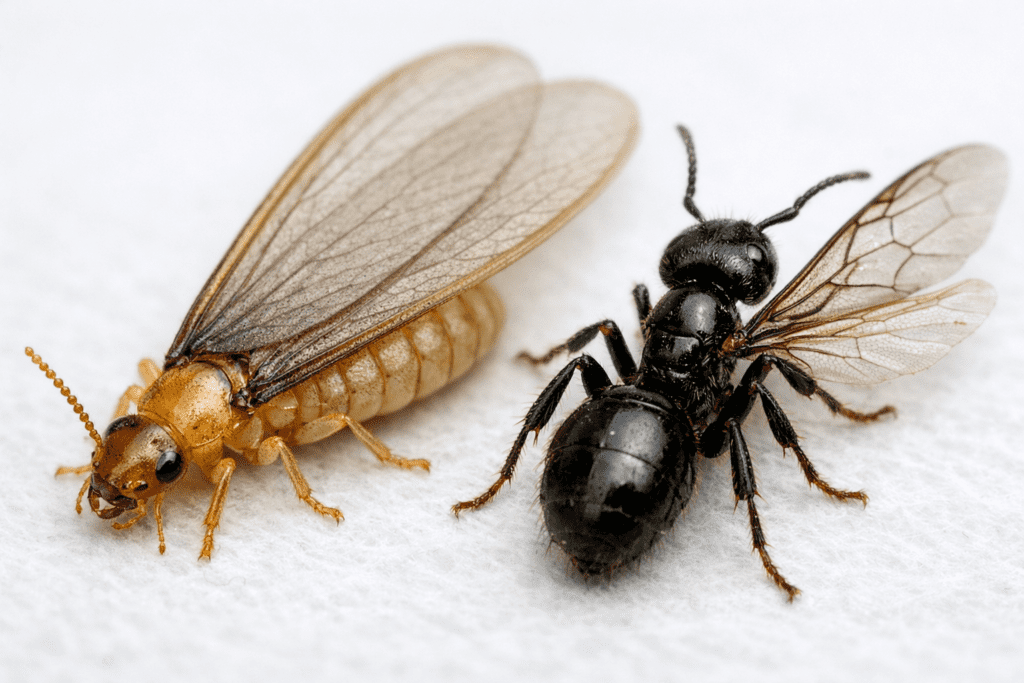 Close-up macro comparison of flying ant vs termite showing body structure and antenna differences