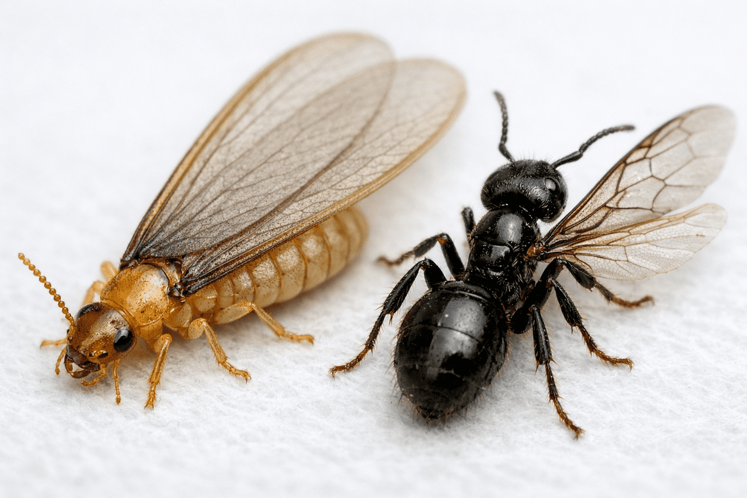 Close-up macro comparison of flying ant vs termite showing body structure and antenna differences