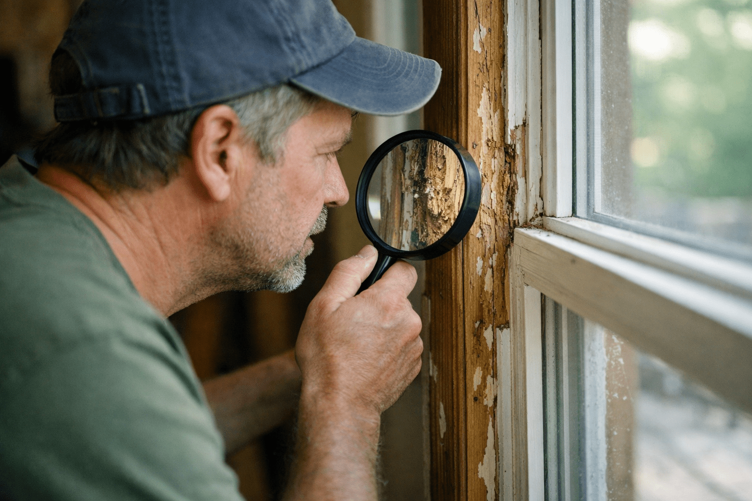 Homeowner inspecting window frame with magnifying glass to identify termite damage and flying insects