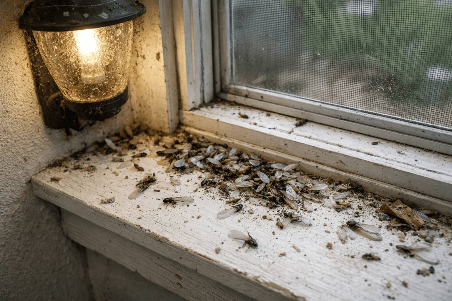 Window sill with scattered flying insects during termite and flying ant swarming season