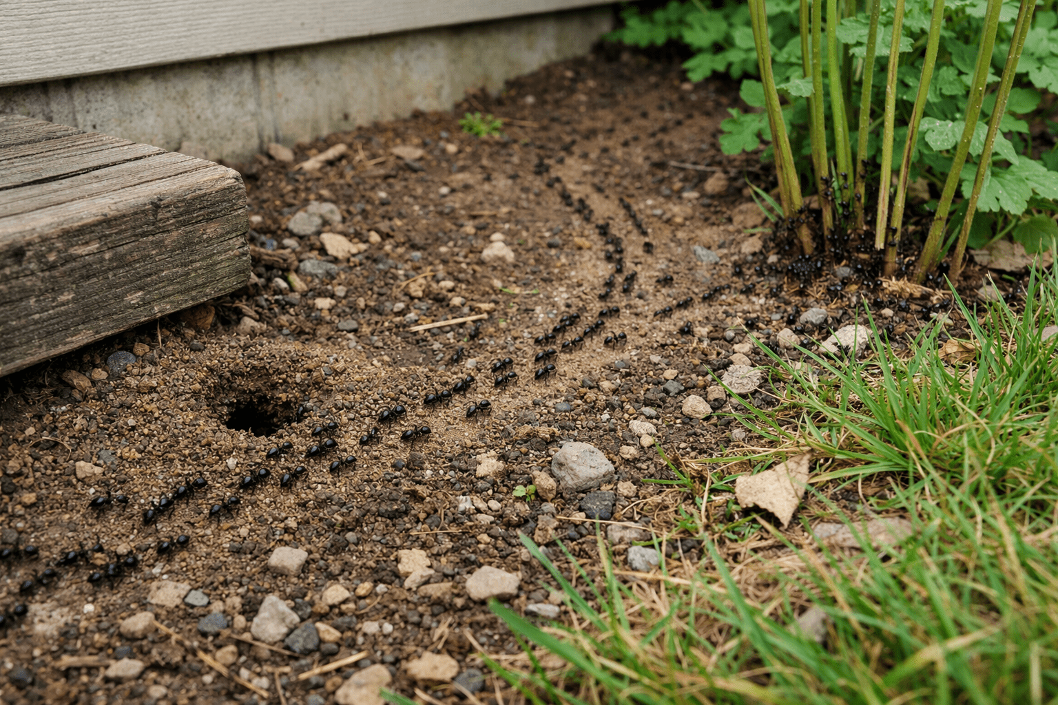 Ant colony trail visible on garden soil near house foundation with multiple worker ants