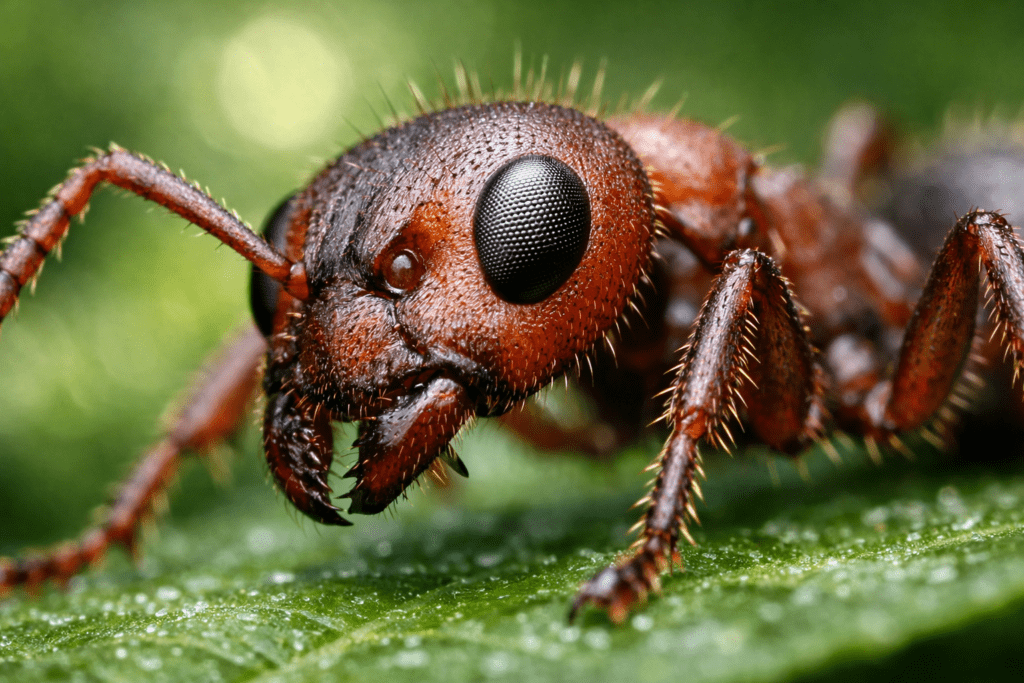 Detailed macro photograph of worker ant showing compound eyes and antennae on green leaf